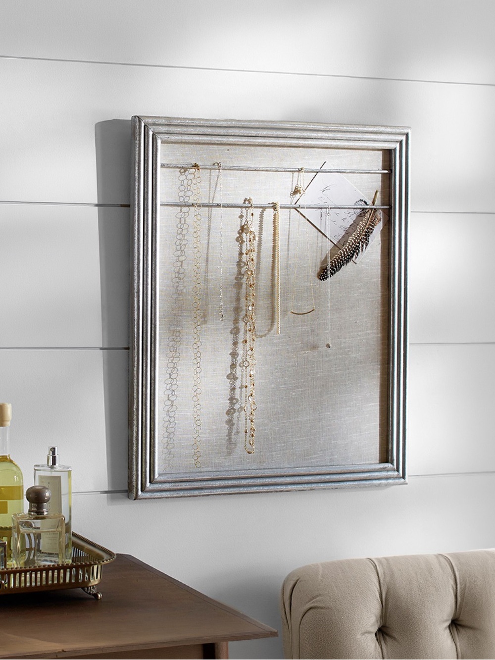 Pottery Barn Silver Metal Clad Large Jewelry Organizer Frame w/ Linen Backing